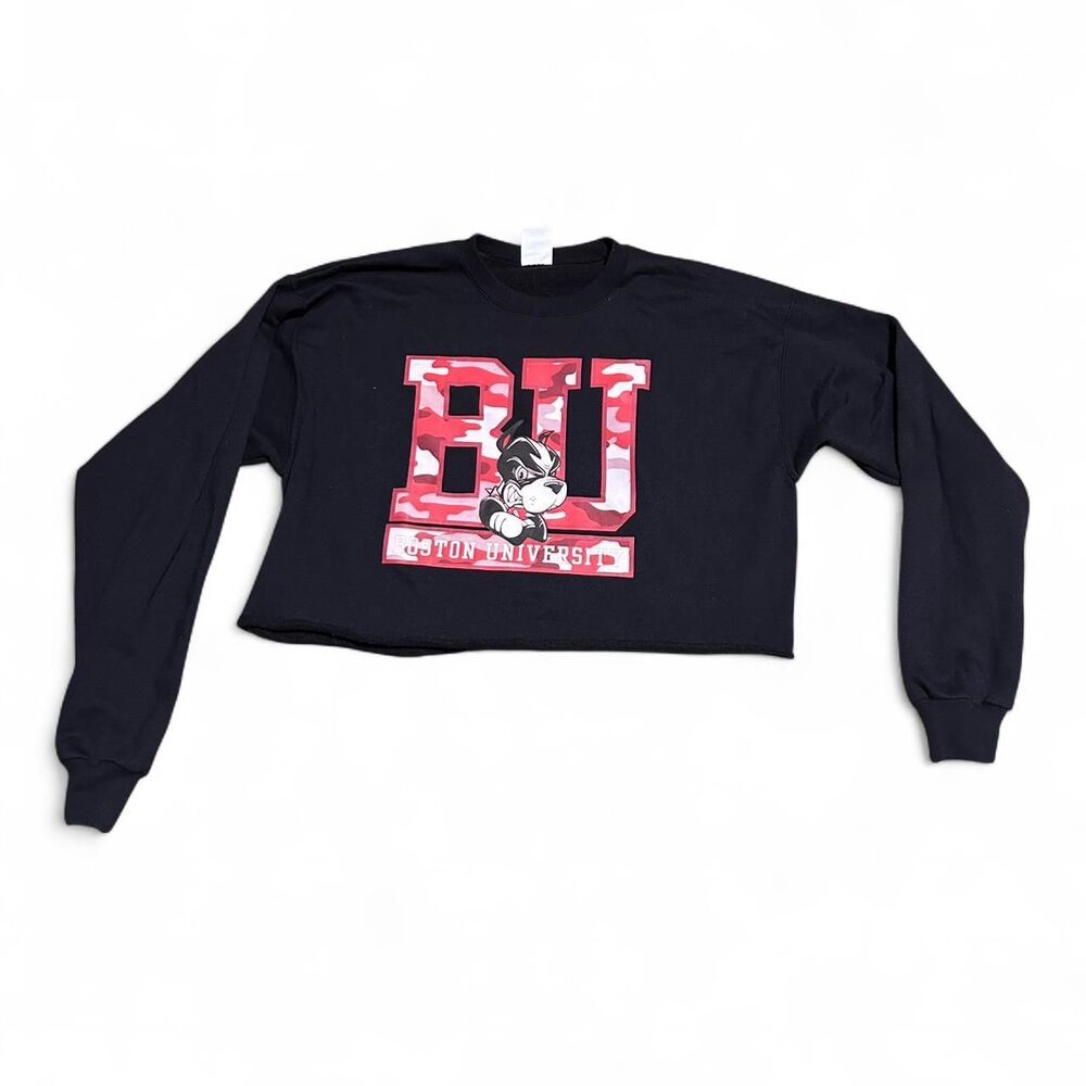 Hanes Women's Black and Navy Crop-top Boston University soft inside